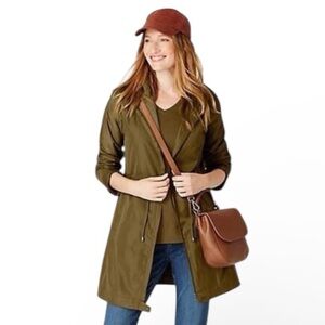 J Jill Olive Green Trench Coat Rain Jacket Removable Hood Zip Pockets Utility XS